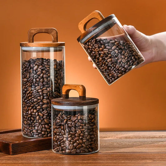 SealNest™ Glass Storage Jar with Wooden Lid – Airtight Kitchen Canister for Coffee, Tea, Spices & More